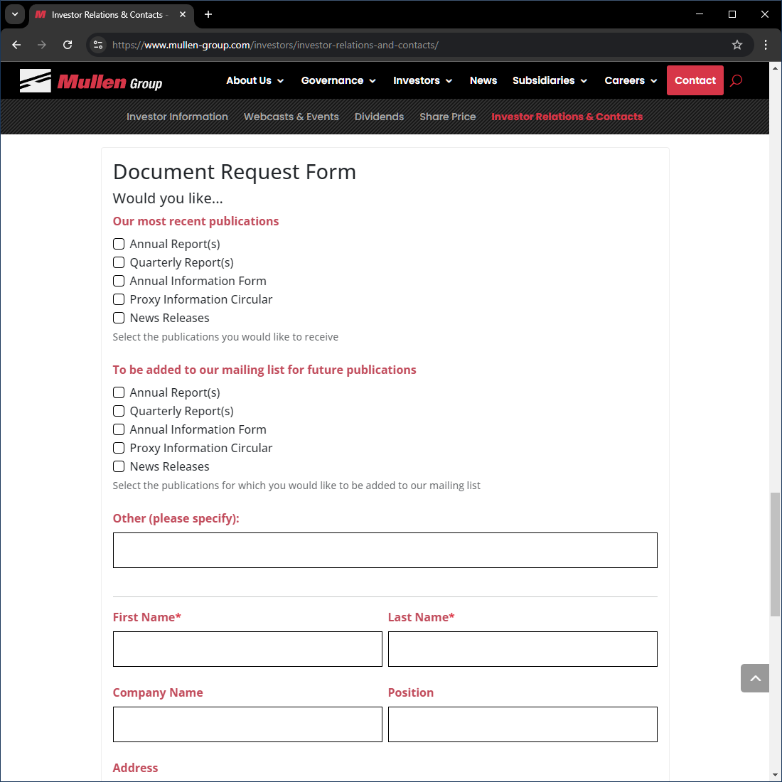 Document Request Forms Example